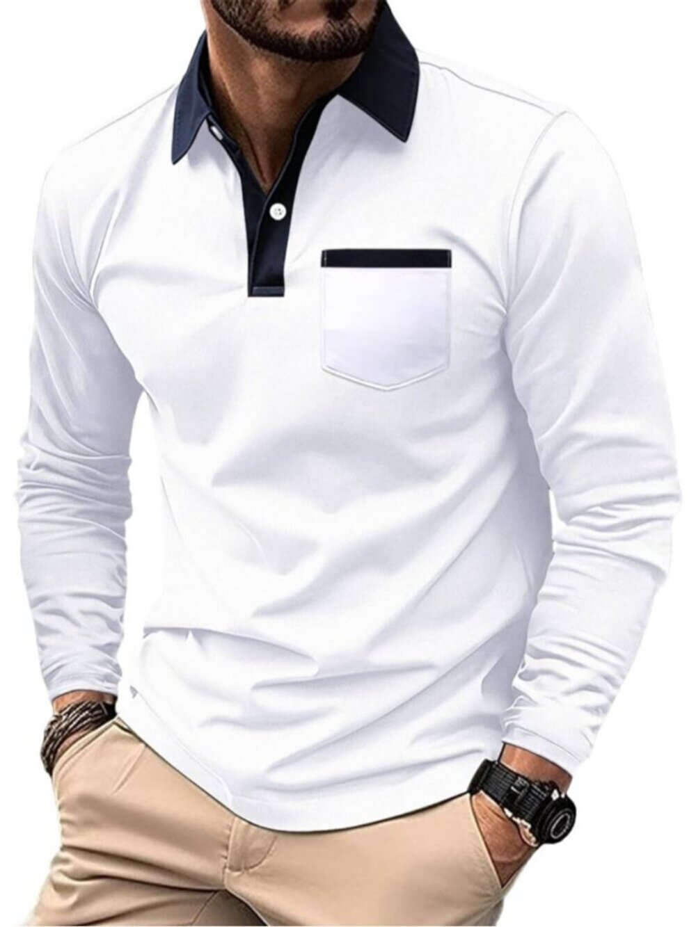 Men's White Casual Polo Shirts Classic Short Sleeve Fashion Button Pocket